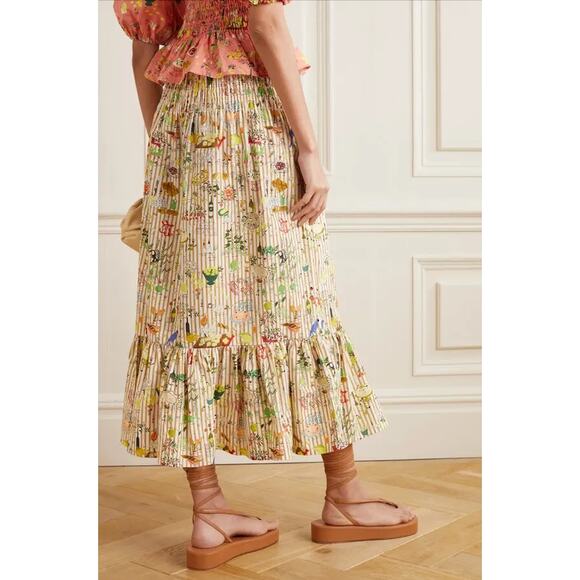 Rhode Artie Shirred Waist Ruffle Hem Printed Cotton Poplin Midi Skirt XL - Picture 3 of 16